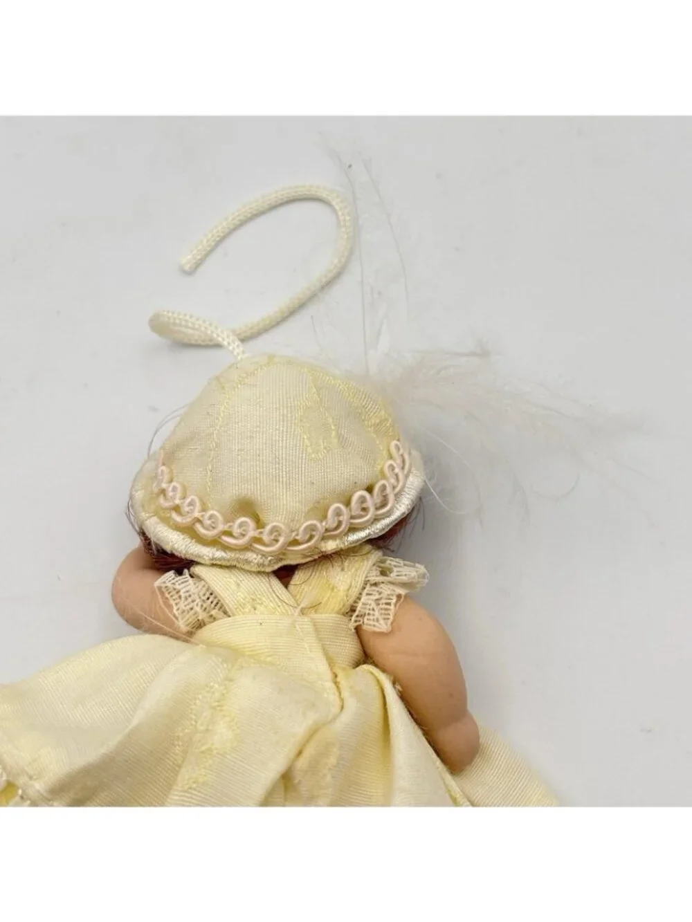 Miniature Porcelain Victorian Doll Christmas Ornament Cream Dress Beaded Hat 2”